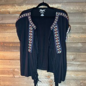 Rock 47 by Wrangler Black Embroidered Fringe Vest Kimono Women’s Size Small